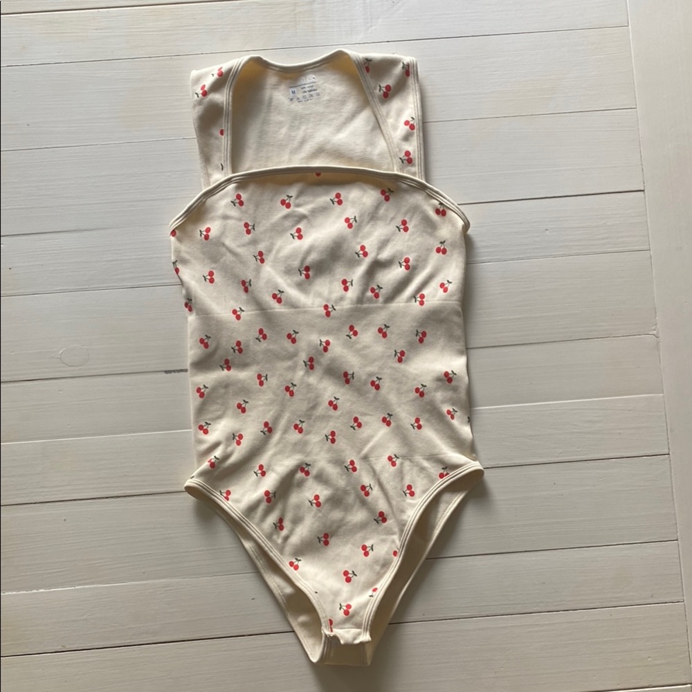 Cream Cherry Print Fitted Bodysuit
